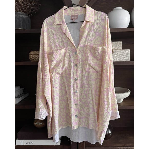Show Me Your Mumu Johns Button Down Shirt Lemonade Cheetah Linen Blend Tunic M